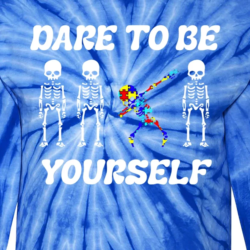 Autism Awareness Dare To Be Yours Dabbing Skeleton Puzzle Gift Tie-Dye Long Sleeve Shirt