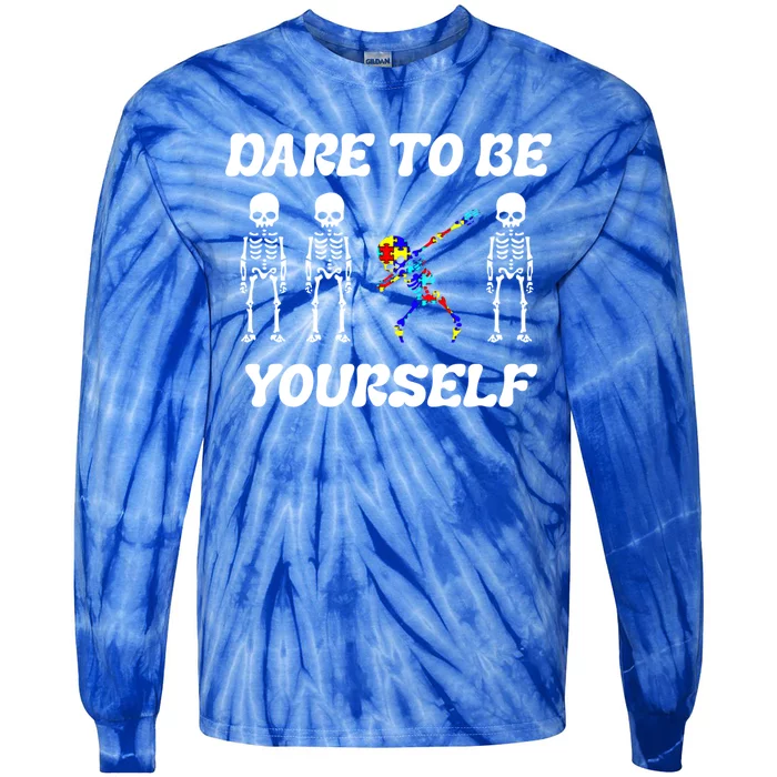 Autism Awareness Dare To Be Yours Dabbing Skeleton Puzzle Gift Tie-Dye Long Sleeve Shirt