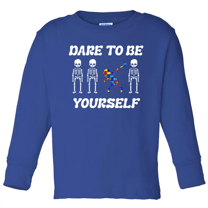 Autism Awareness Dare To Be Yours Dabbing Skeleton Puzzle Gift Toddler Long Sleeve Shirt