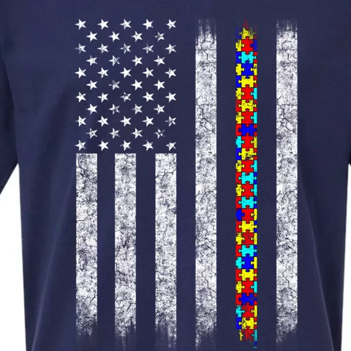 Autism Awareness Day American Flag Gift Sueded Cloud Jersey T-Shirt