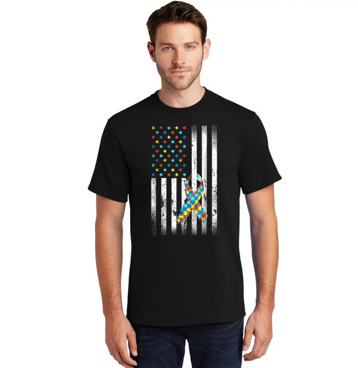 Autism Awareness Distressed American Flag Puzzle Ribbon Tall T-Shirt