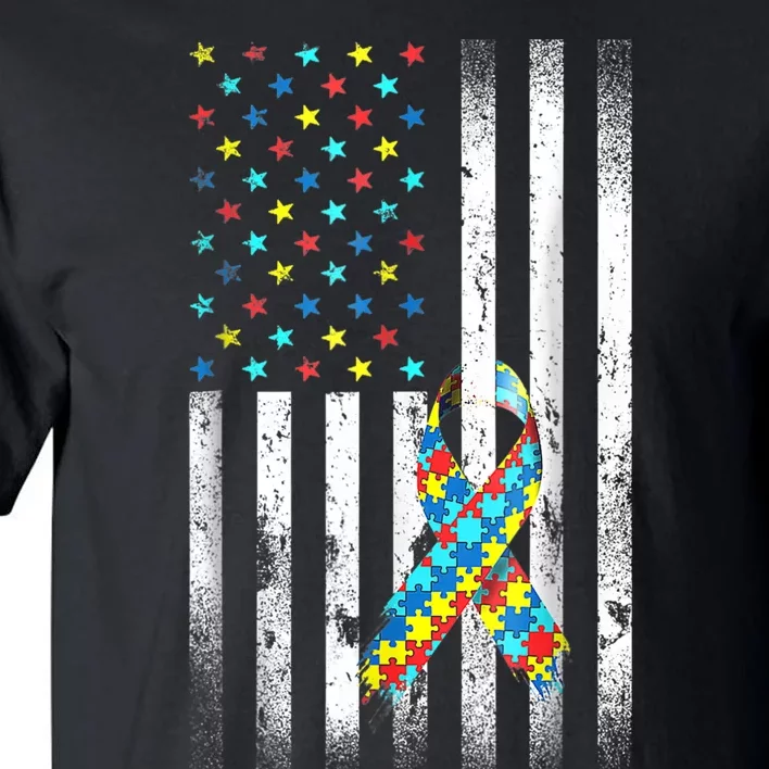 Autism Awareness Distressed American Flag Puzzle Ribbon Tall T-Shirt