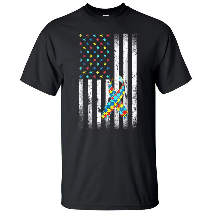 Autism Awareness Distressed American Flag Puzzle Ribbon Tall T-Shirt