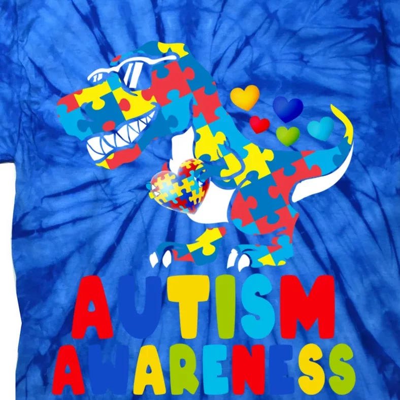 Autism Awareness Dinosaur T Rex Heart Puzzle Pieces Gift Tie-Dye T-Shirt