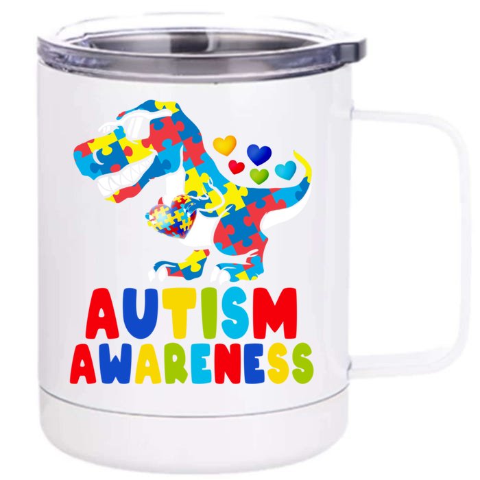 Autism Awareness Dinosaur T Rex Heart Puzzle Pieces Gift Front & Back 12oz Stainless Steel Tumbler Cup