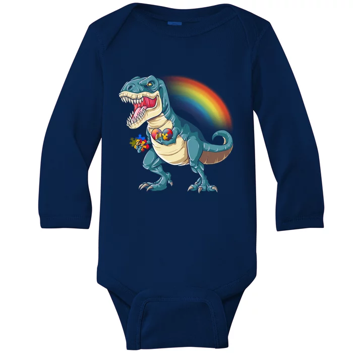 Autism Awareness Dinosaur T Rex Heart Puzzle Pieces Gift Baby Long Sleeve Bodysuit