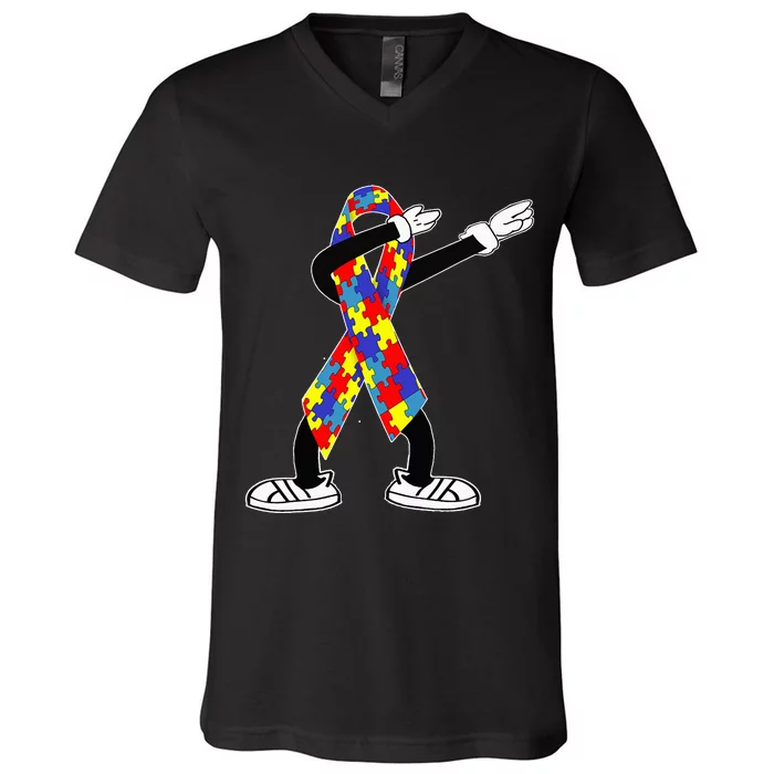 Autism Awareness Dabbing Puzzle Piece Love Dab Dance V-Neck T-Shirt