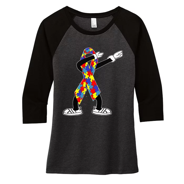 Autism Awareness Dabbing Puzzle Piece Love Dab Dance Women's Tri-Blend 3/4-Sleeve Raglan Shirt