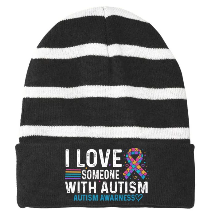 Autism Awareness Day Heart I Love Someone With Autism Striped Beanie with Solid Band