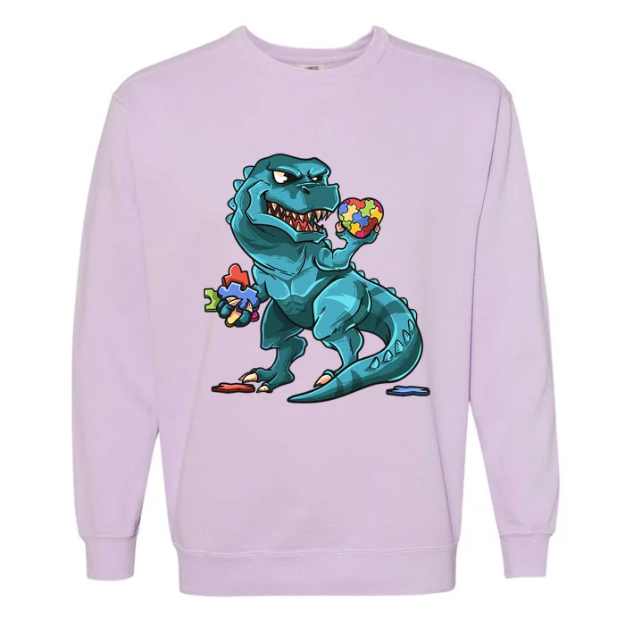 Autism Awareness Day Dinosaur Tfunny Giftrex Heart Puzzle Pieces Great Gift Garment-Dyed Sweatshirt