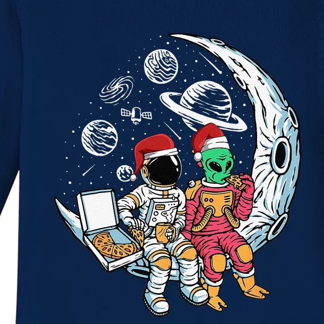 Alien Astronaut Eating Pizza Christmas Pajama Funny XMas Baby Long Sleeve Bodysuit