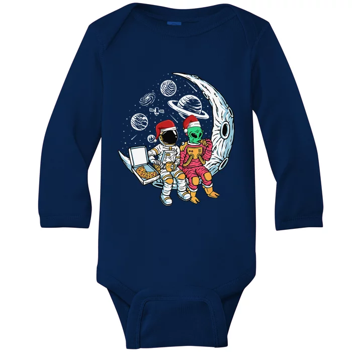 Alien Astronaut Eating Pizza Christmas Pajama Funny XMas Baby Long Sleeve Bodysuit