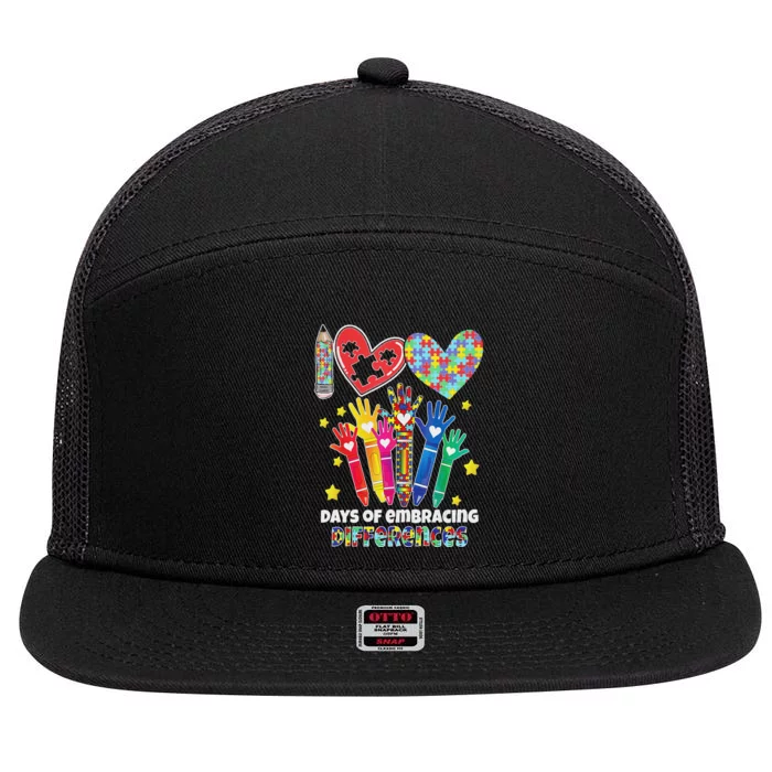 Autism Awareness Embrace Differences 100 Days Of School 7 Panel Mesh Trucker Snapback Hat