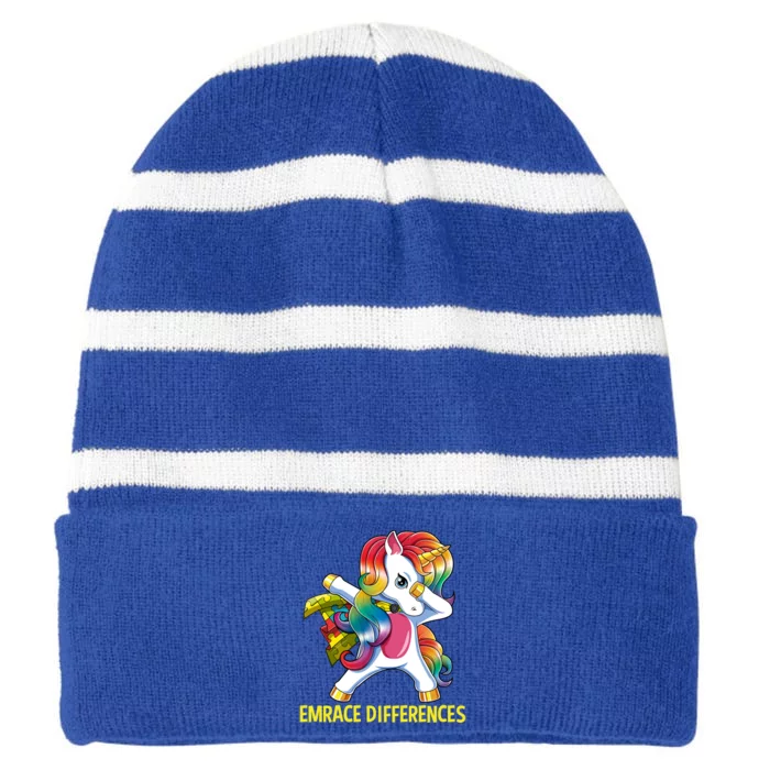 Autism Awareness Embrace Differences Dabbing Unicorn Gift Meaningful Gift Striped Beanie with Solid Band