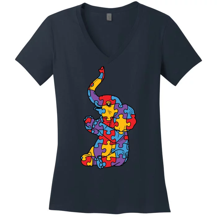 Autism Awareness Elephant Puzzle Pieces Women's V-Neck T-Shirt