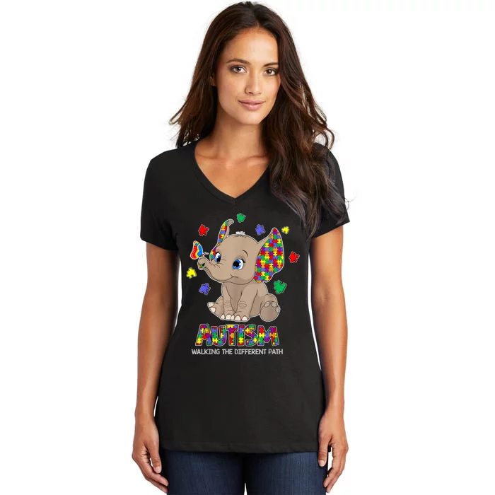 Autism Awareness Elephant Walking The Different Path Puzzle Women's V-Neck T-Shirt