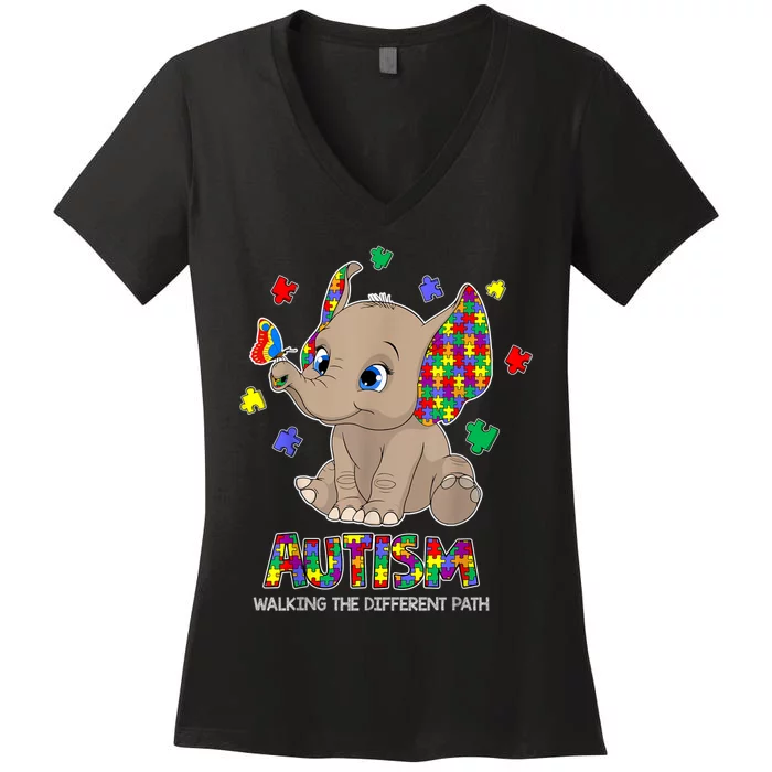 Autism Awareness Elephant Walking The Different Path Puzzle Women's V-Neck T-Shirt