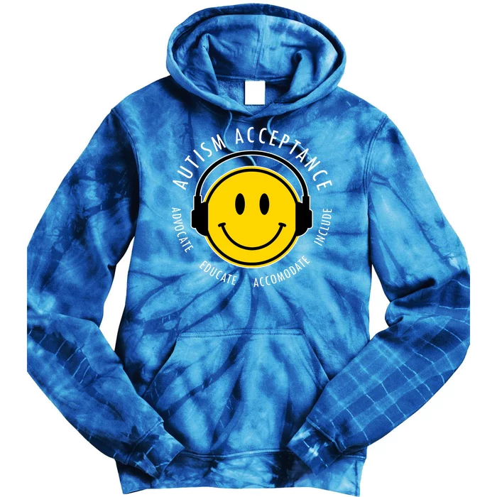 Autism Acceptance Educate Smiley Headphone Tie Dye Hoodie