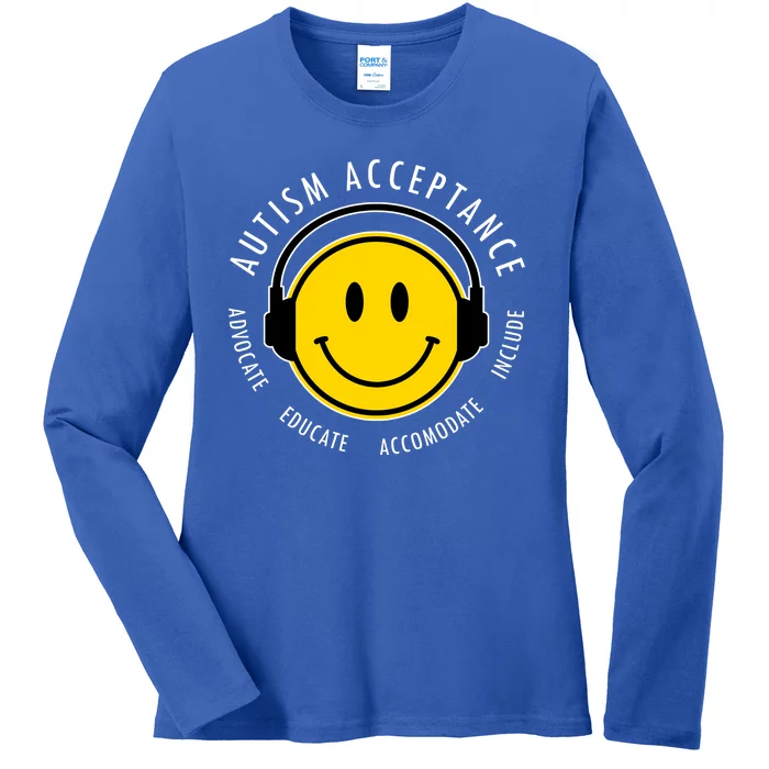 Autism Acceptance Educate Smiley Headphone Ladies Long Sleeve Shirt