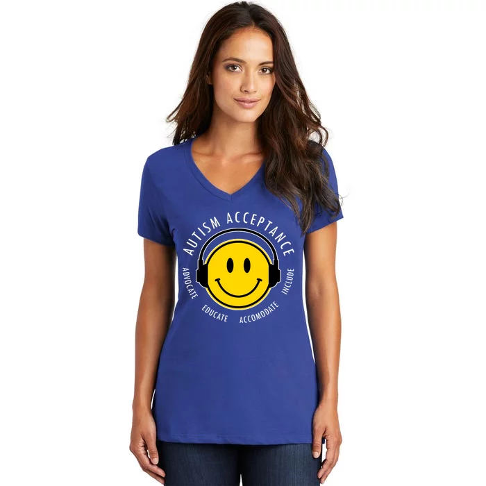 Autism Acceptance Educate Smiley Headphone Women's V-Neck T-Shirt