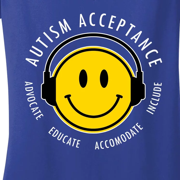 Autism Acceptance Educate Smiley Headphone Women's V-Neck T-Shirt