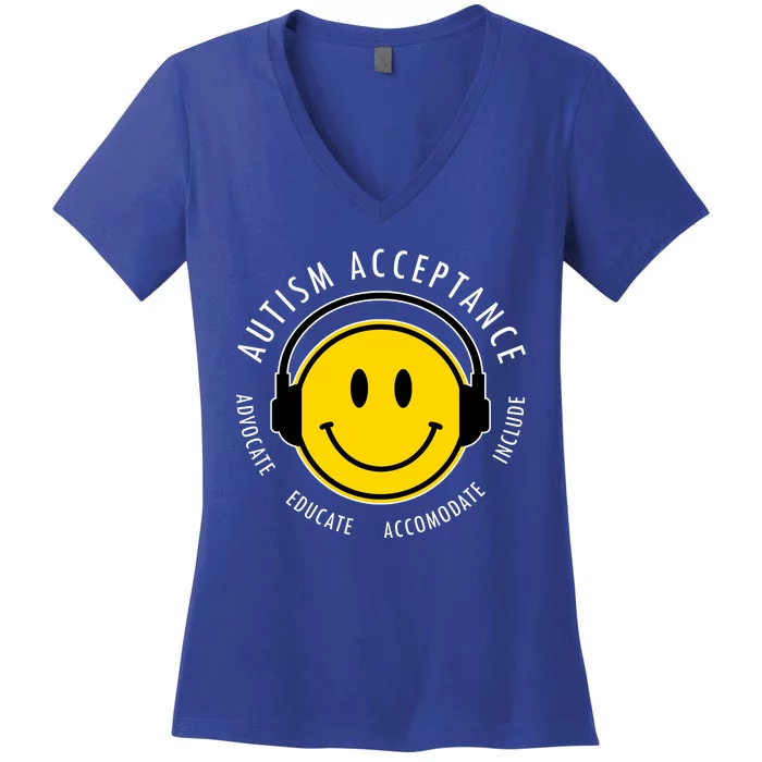 Autism Acceptance Educate Smiley Headphone Women's V-Neck T-Shirt