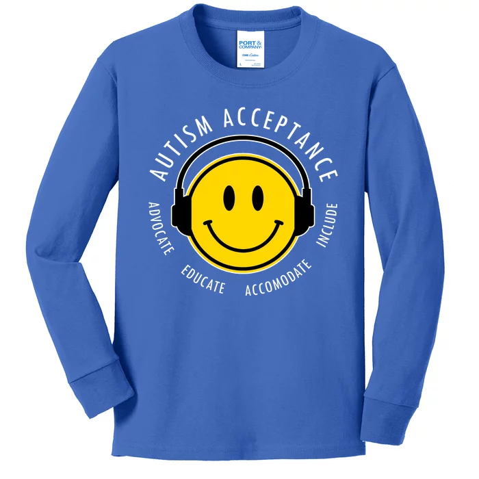 Autism Acceptance Educate Smiley Headphone Kids Long Sleeve Shirt