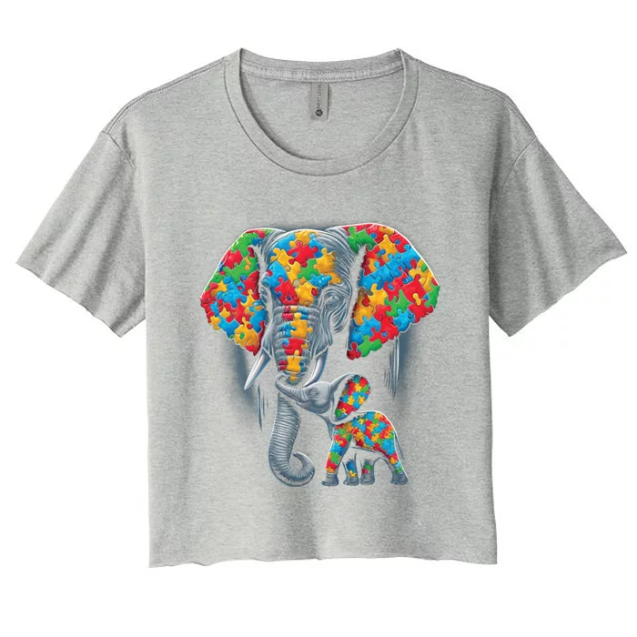 Autism Awareness Elephant Puzzles Autism Mom Support Gift Women's Crop Top Tee