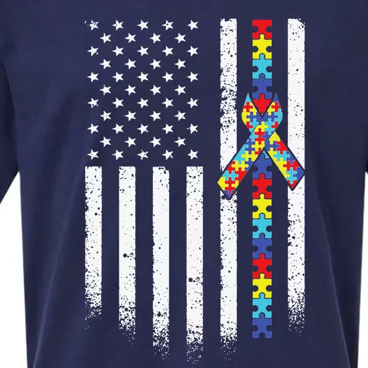 Autism American Flag Puzzle Autism Awareness Gift Sueded Cloud Jersey T-Shirt