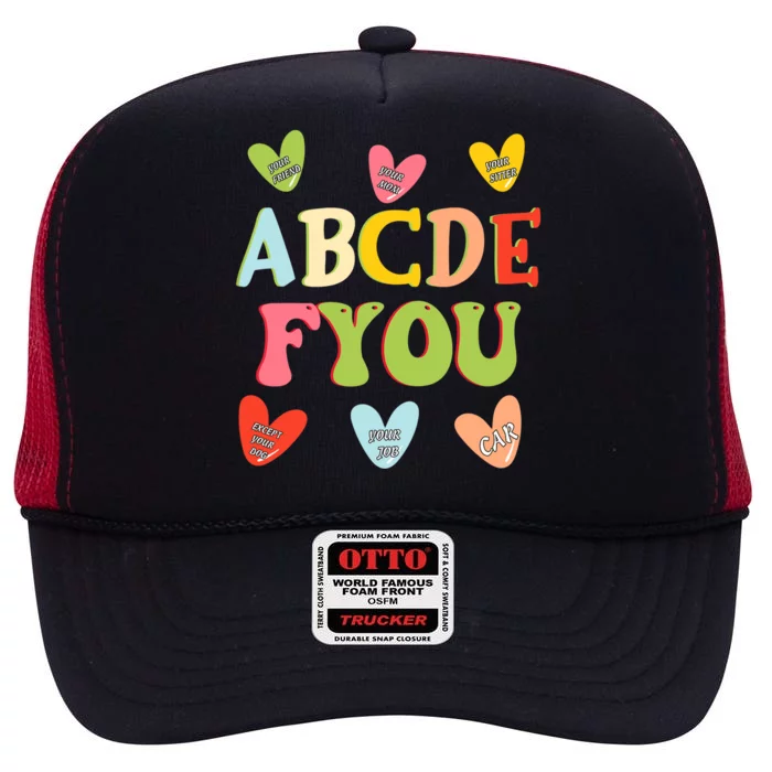 Alphabet ABCDFU Funny ESL Teacher Women Mom Anti Valentines High Crown Mesh Trucker Hat