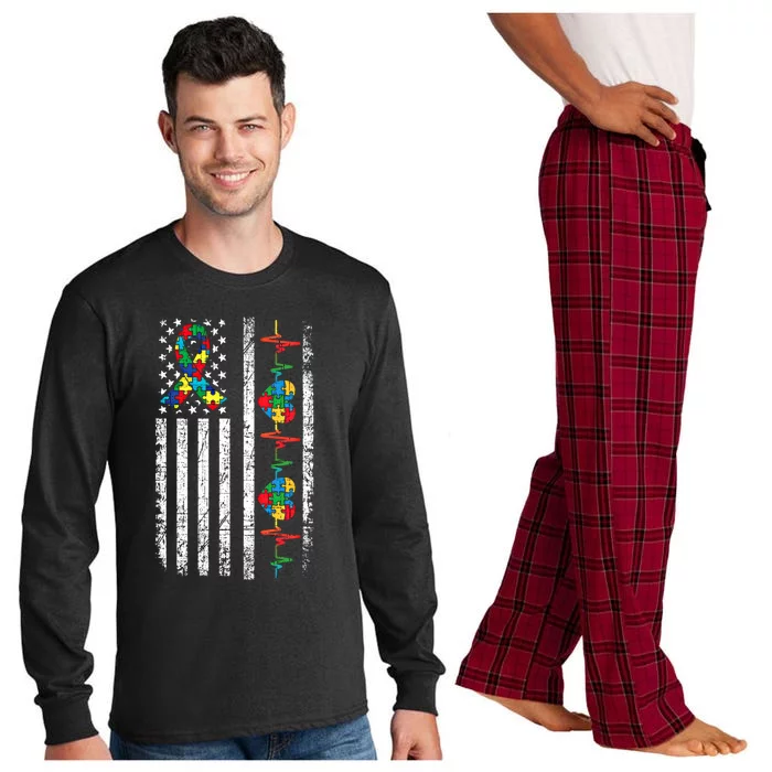 Autism American Flag Autistic Awareness Warrior Support Gift Long Sleeve Pajama Set