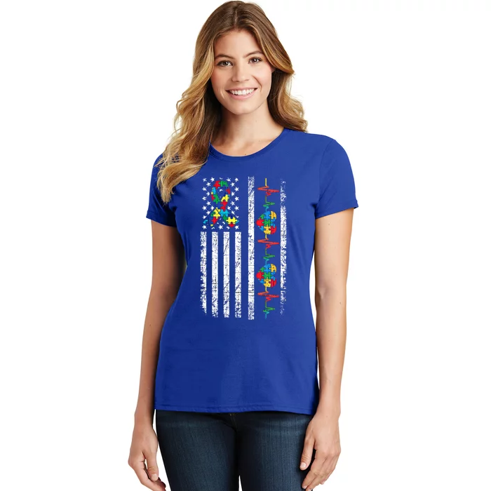 Autism American Flag Autistic Awareness Warrior Support Gift Women's T-Shirt