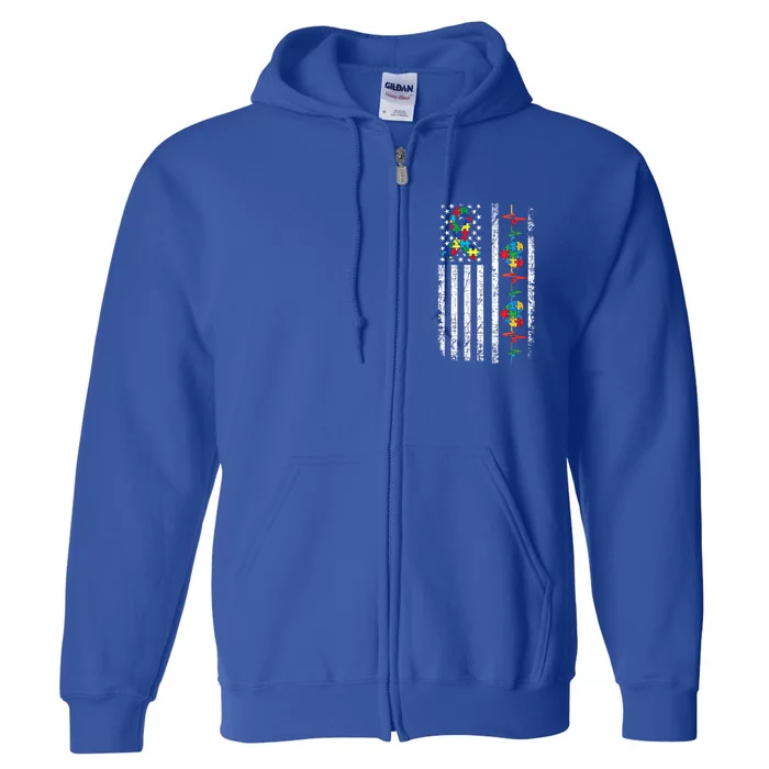 Autism American Flag Autistic Awareness Warrior Support Gift Full Zip Hoodie