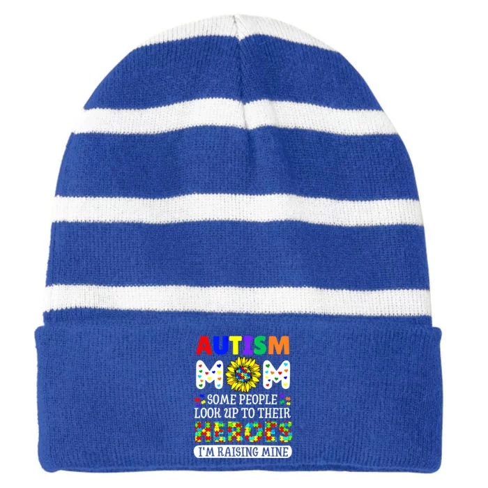 Autism Awareness For Mom Raising Heroes Autism Mom Gift Striped Beanie with Solid Band