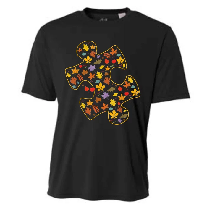 Autism Awareness Fall Leaf Autumn Thanksgiving Puzzle Piece Cooling Performance Crew T-Shirt