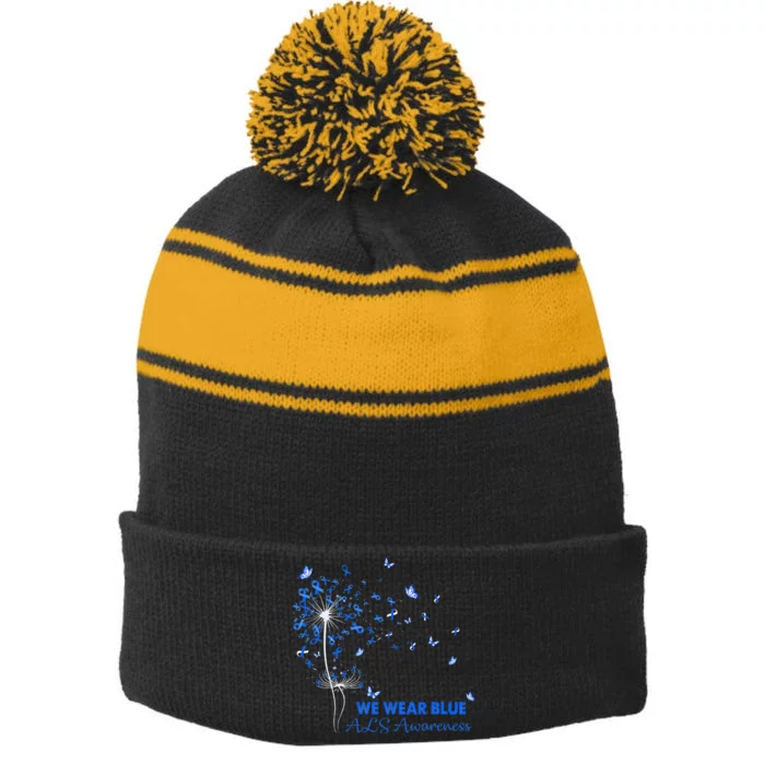 ALS Awareness Faith Hope Love Dandelion Stripe Pom Pom Beanie