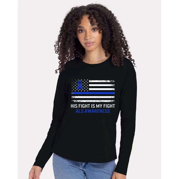 ALS Awareness Fight Blue Ribbon USA Flag Dad Warrior Support Womens Cotton Relaxed Long Sleeve T-Shirt