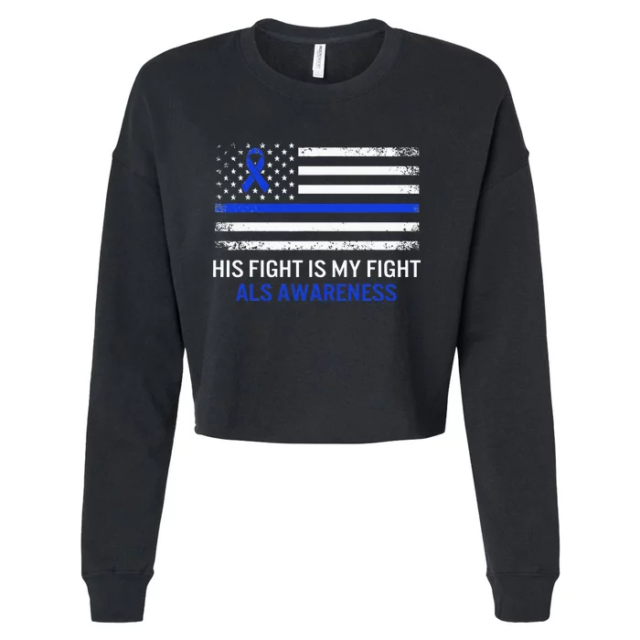 ALS Awareness Fight Blue Ribbon USA Flag Dad Warrior Support Cropped Pullover Crew