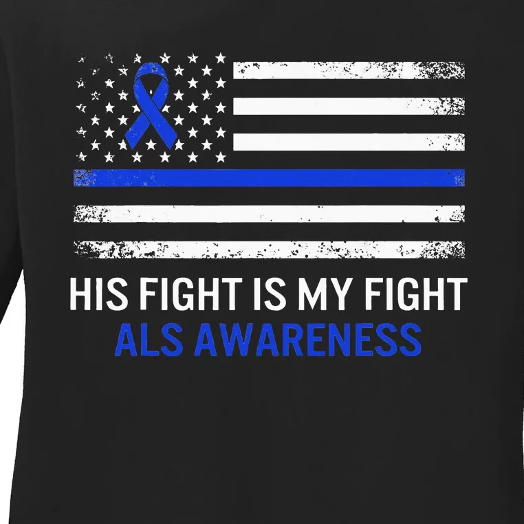 ALS Awareness Fight Blue Ribbon USA Flag Dad Warrior Support Ladies Long Sleeve Shirt