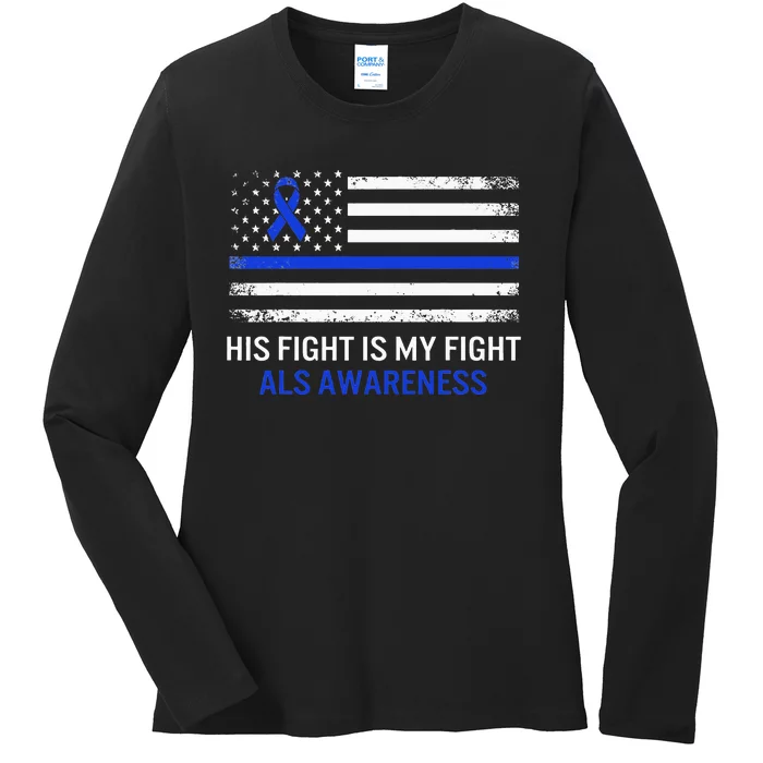 ALS Awareness Fight Blue Ribbon USA Flag Dad Warrior Support Ladies Long Sleeve Shirt