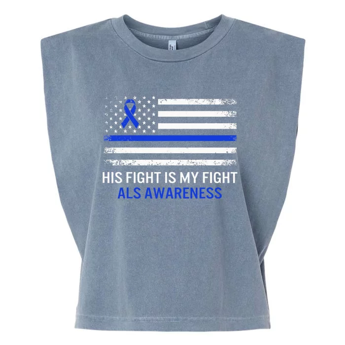 ALS Awareness Fight Blue Ribbon USA Flag Dad Warrior Support Garment-Dyed Women's Muscle Tee