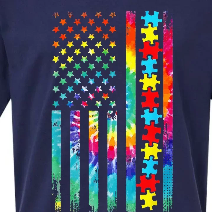 Autism American Flag Tie Dye Autism Awareness Sueded Cloud Jersey T-Shirt