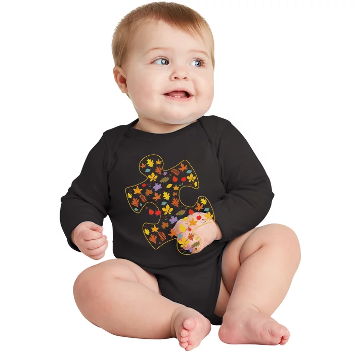 Autism Awareness Fall Leaf Autumn Thanksgiving Puzzle Piece Baby Long Sleeve Bodysuit