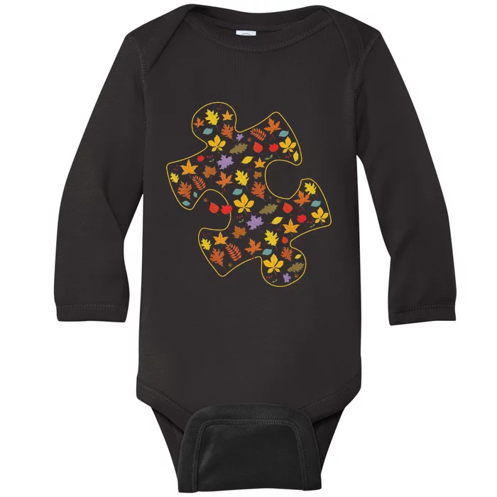 Autism Awareness Fall Leaf Autumn Thanksgiving Puzzle Piece Baby Long Sleeve Bodysuit