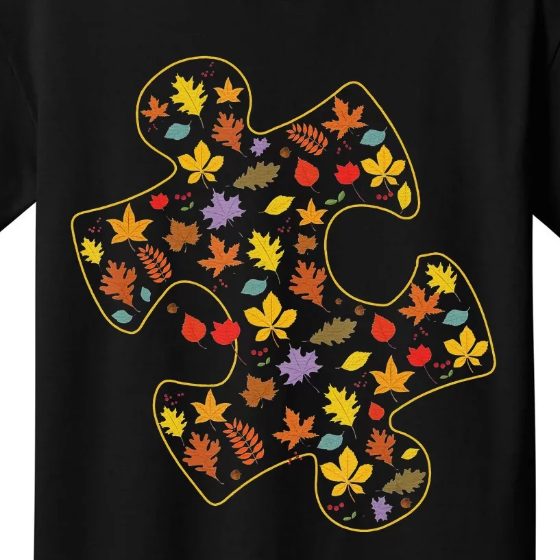 Autism Awareness Fall Leaf Autumn Thanksgiving Puzzle Piece Kids T-Shirt