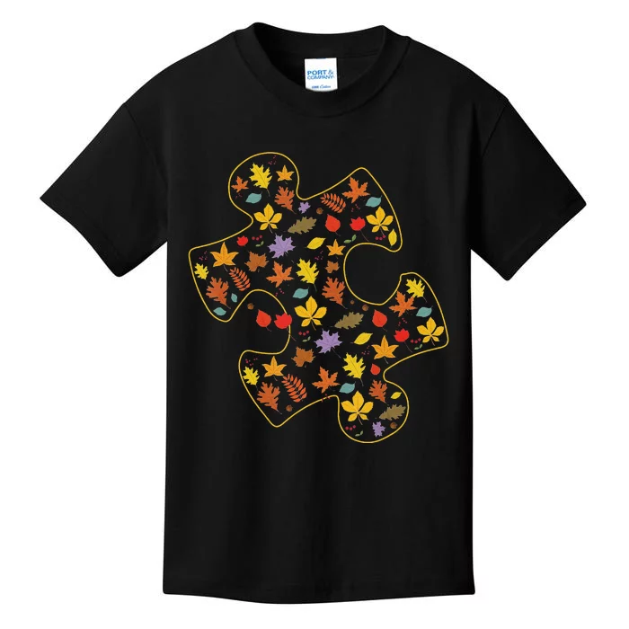 Autism Awareness Fall Leaf Autumn Thanksgiving Puzzle Piece Kids T-Shirt