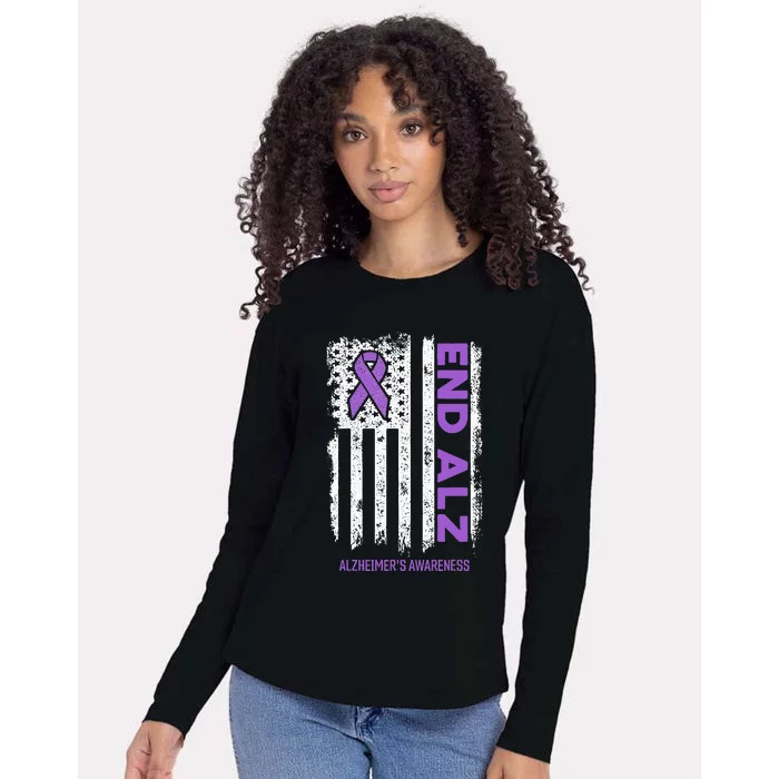 Alzheimers American Flag End Alz Alzheimers Awareness Womens Cotton Relaxed Long Sleeve T-Shirt