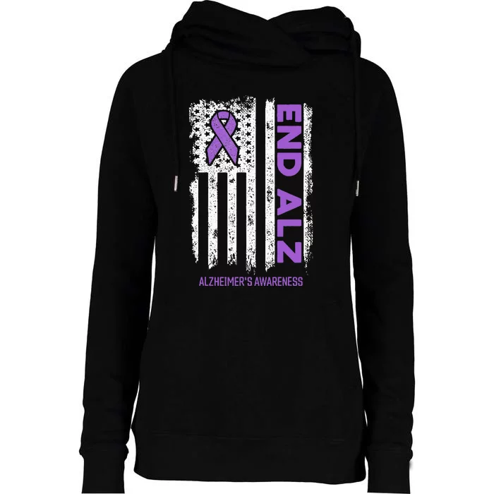 Alzheimers American Flag End Alz Alzheimers Awareness Womens Funnel Neck Pullover Hood