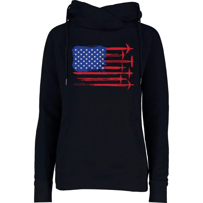 Aircraft American Flag Airplane Pilot 4th Of July Aviation Womens Funnel Neck Pullover Hood