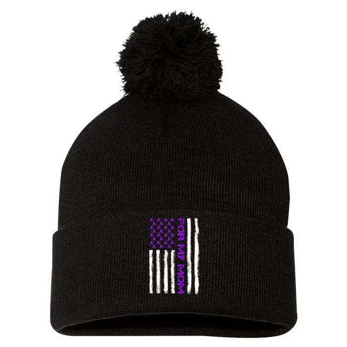 Alzheimer's Awareness For My Mom Support Flag Pom Pom 12in Knit Beanie